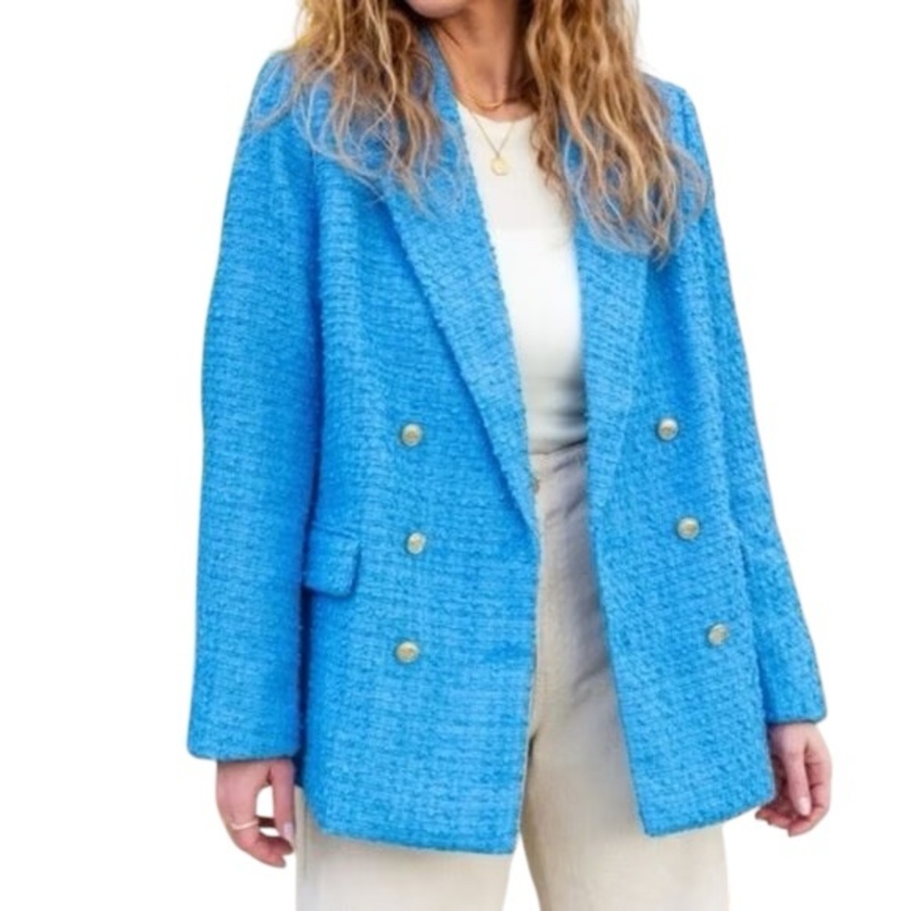 NWT H&M Light‎ Blue Tweed Double-Breasted Oversized Blazer Gold Buttons Size XS
